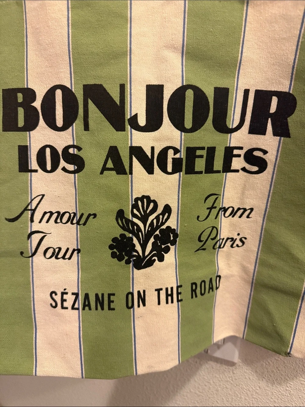Sezane Green and Cream Striped Tote with Bold Bonjour Los Angeles Print